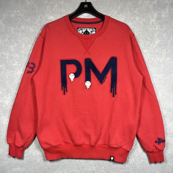 PlayMonster Sweatshirt Crewneck Men XL Red Pullover Embroidered Skulls